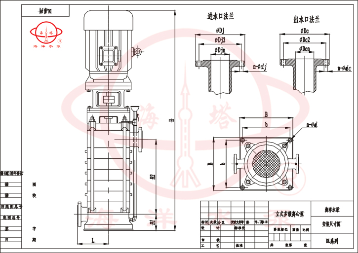 DL立式清水低转速多级泵安装尺寸及外形示意图